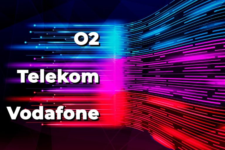 Vodafone, Telekom, Telefonica Logos der Mobilfunkanbieter O2, Telekom und Vodafone in einem bunten, dynamischen Design.