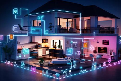 Smart Home Moderne Smart-Home-Visualisierung mit verschiedenen vernetzten Geräten und Lichtakzenten.