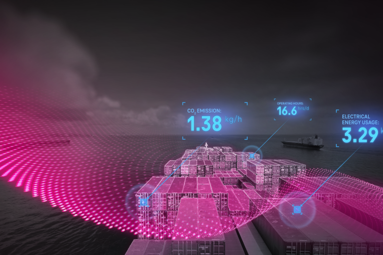 M2M & IoT Lösungen Darstellung eines futuristischen Hafens mit KI Datenvisualisierungen